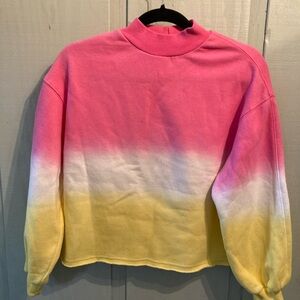 Dip Dyed Sweatshirt 100% Cotton Pink White Yellow Medium Mock Neck Cropped